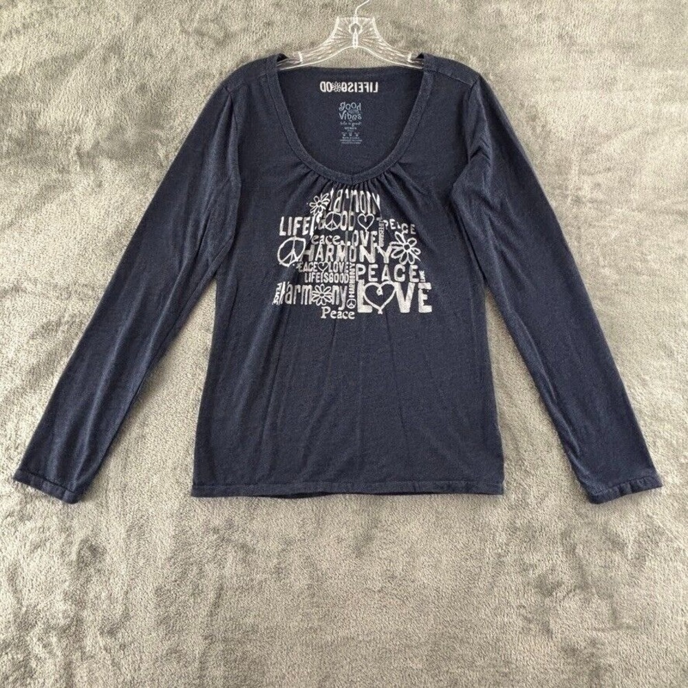 Life is Good Good Vibes Fitted T-Shirt M Blue Peace Love Harmony Long Sleeve Tee